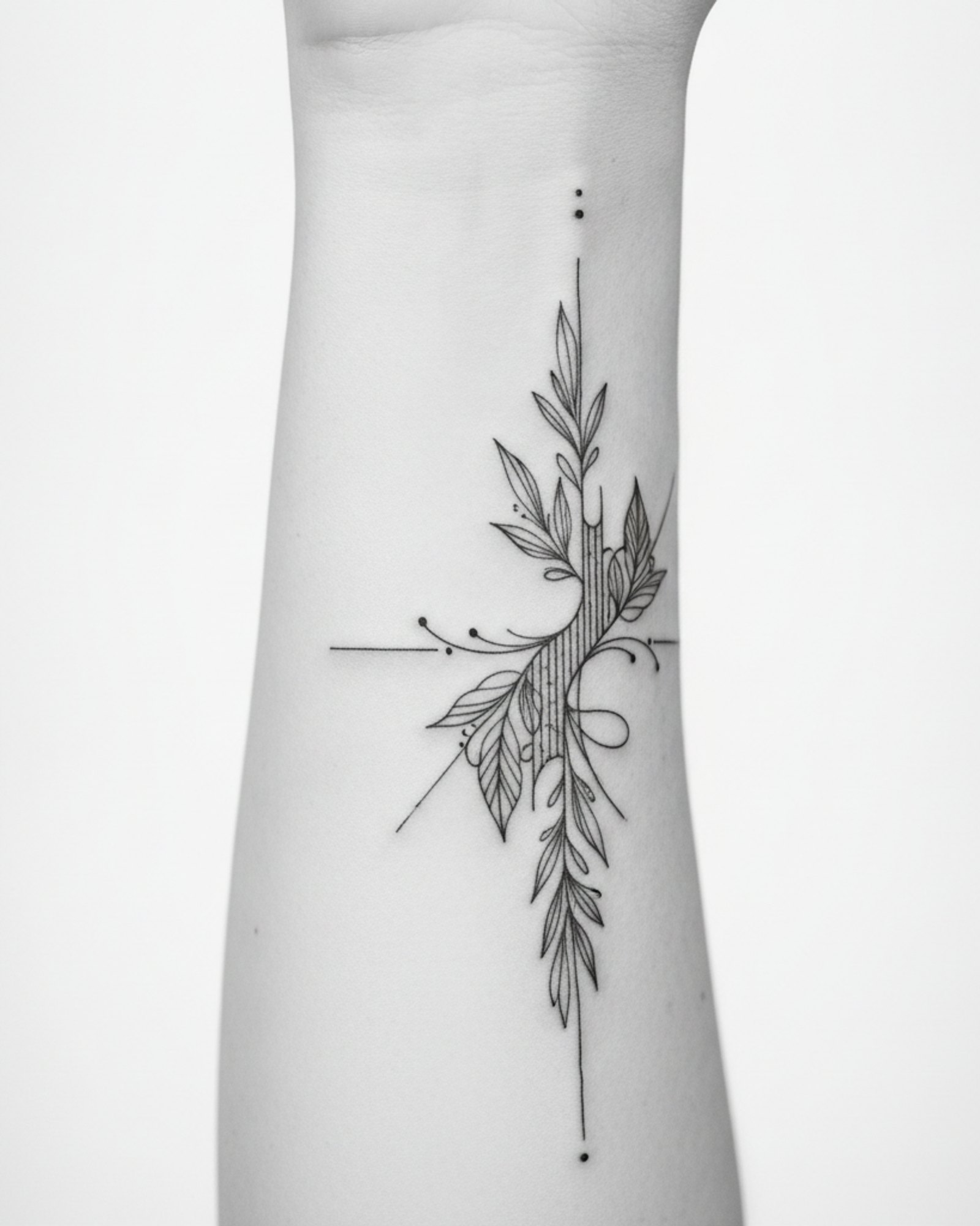 Black and grey fine-line tattoo on an arm